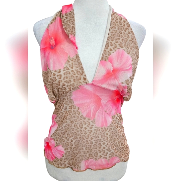 SEE YOU MONDAY Mesh Pink Floral Leopard Print Halter Top. Size XL NWT - Picture 1 of 12